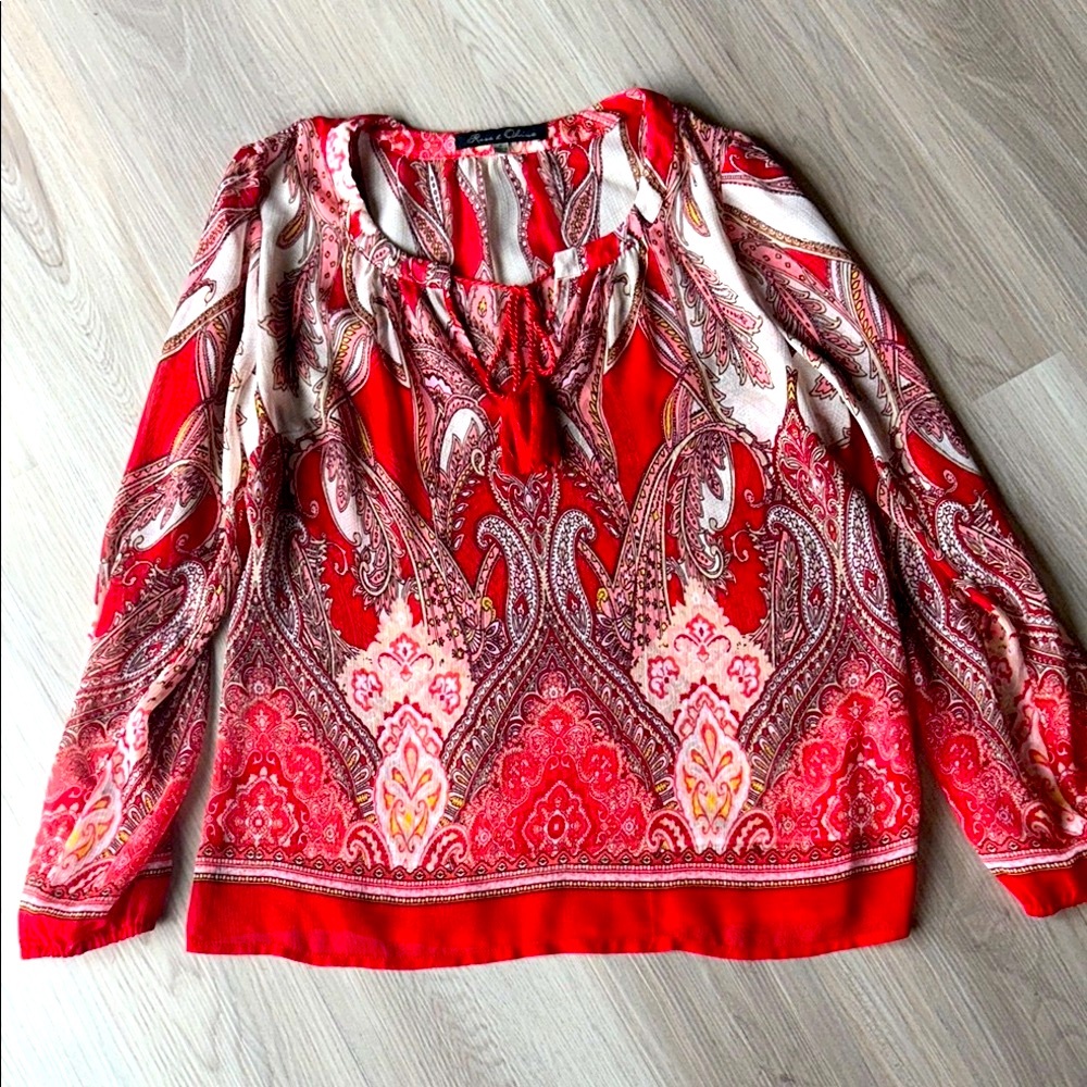 Rose & Olive Paisley Peasant Top M Red Colorful Sheer Loose Career Artsy